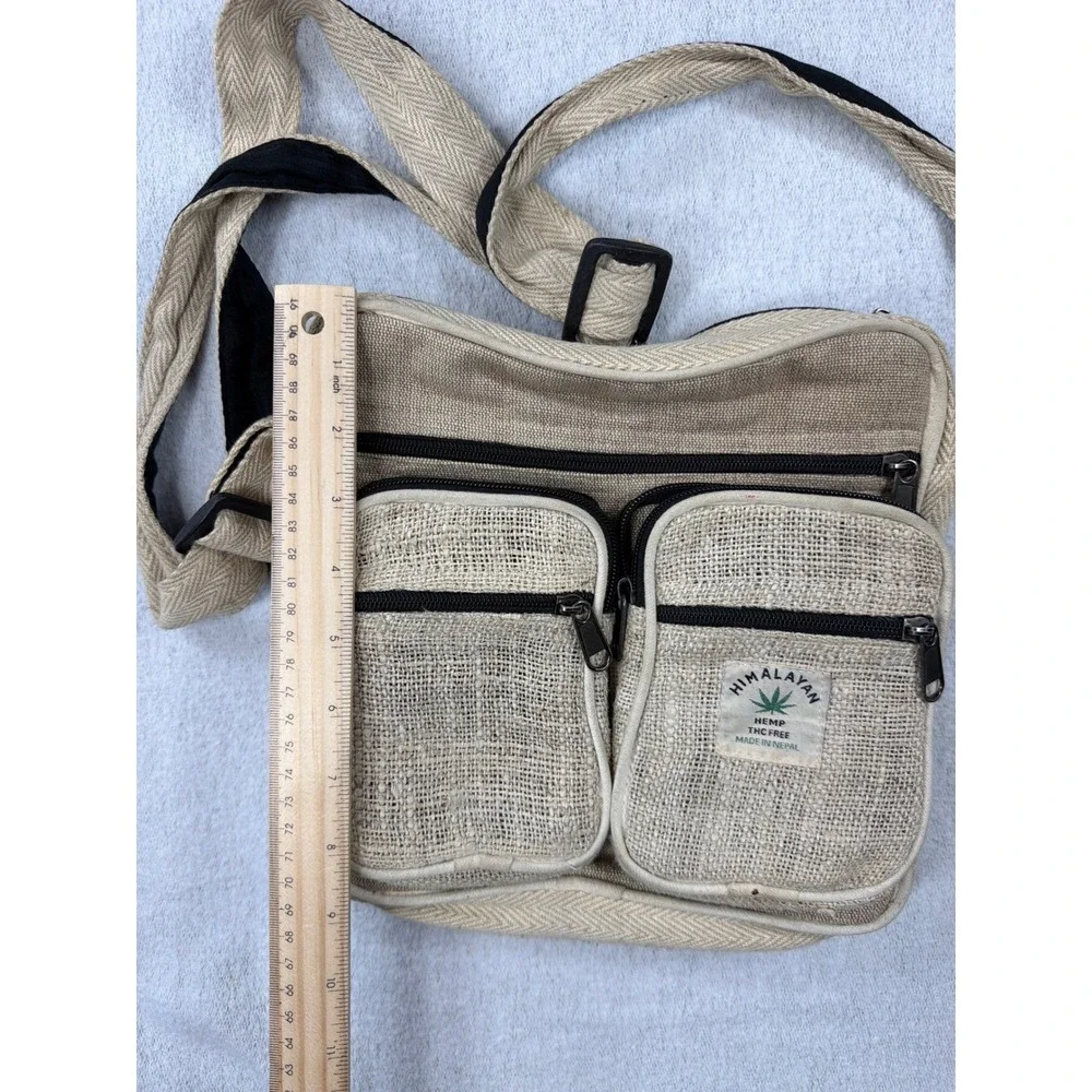 Himalayan Hemp Crossbody Messenger Bag Tan Cream Woven Boho Nepal Travel Pouch